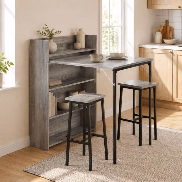 STILVORA Grey Folding Dining Table with Storage Shelves and Industrial Wood Design – 1