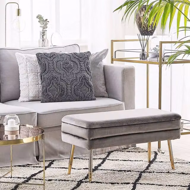 Wyld and Coco Grey Velvet Storage Bench with Gold Metal Legs