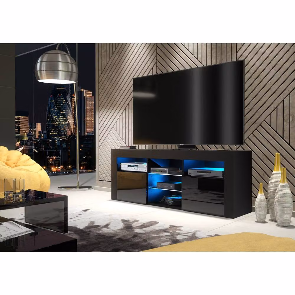 Mex Furniture LTD Pulse TV Unit in Black with Glossy Doors and LED Lights, W: 145 cm, H: 53 cm, D: 35 cm – 2