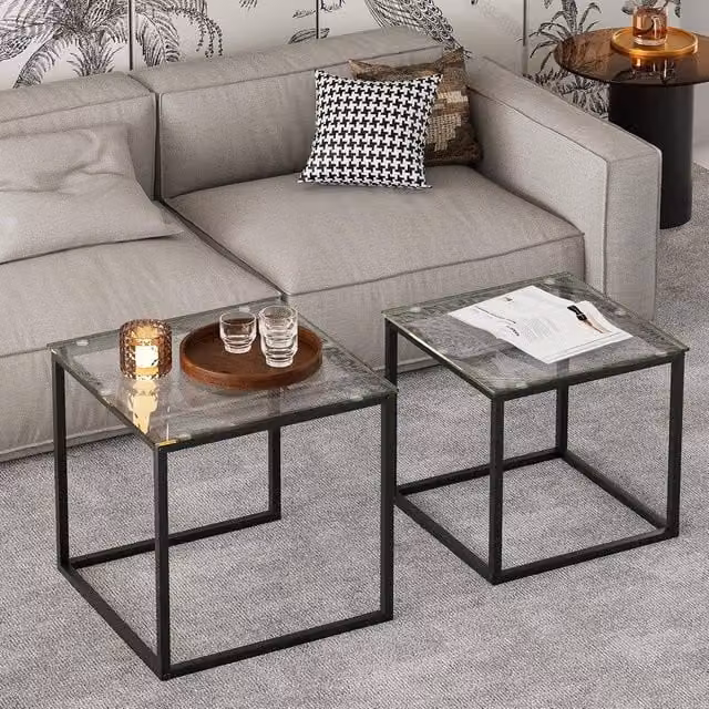 Huhote Set of 2 Modern Nesting Side Tables with Black Matt Metal Frame and Glass Tops