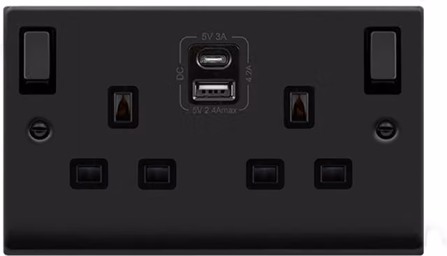 SE HOME Black Surface Mount Double Switched Socket with USB Ports