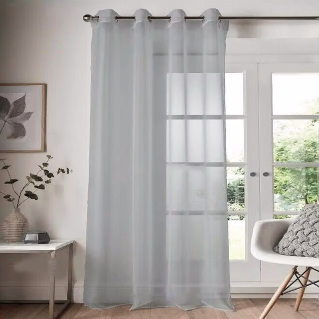 Roseley Silver and White Plain Voile Eyelet Fabric Panel Curtain
