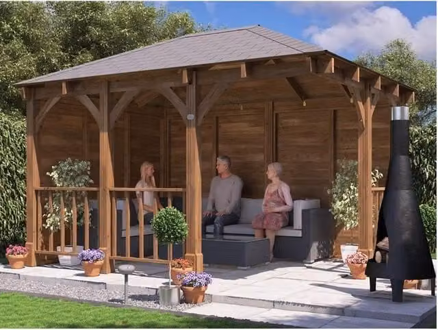Dunster House Leviathan Corner Gazebo in Brown Wood, 4 x 3 m