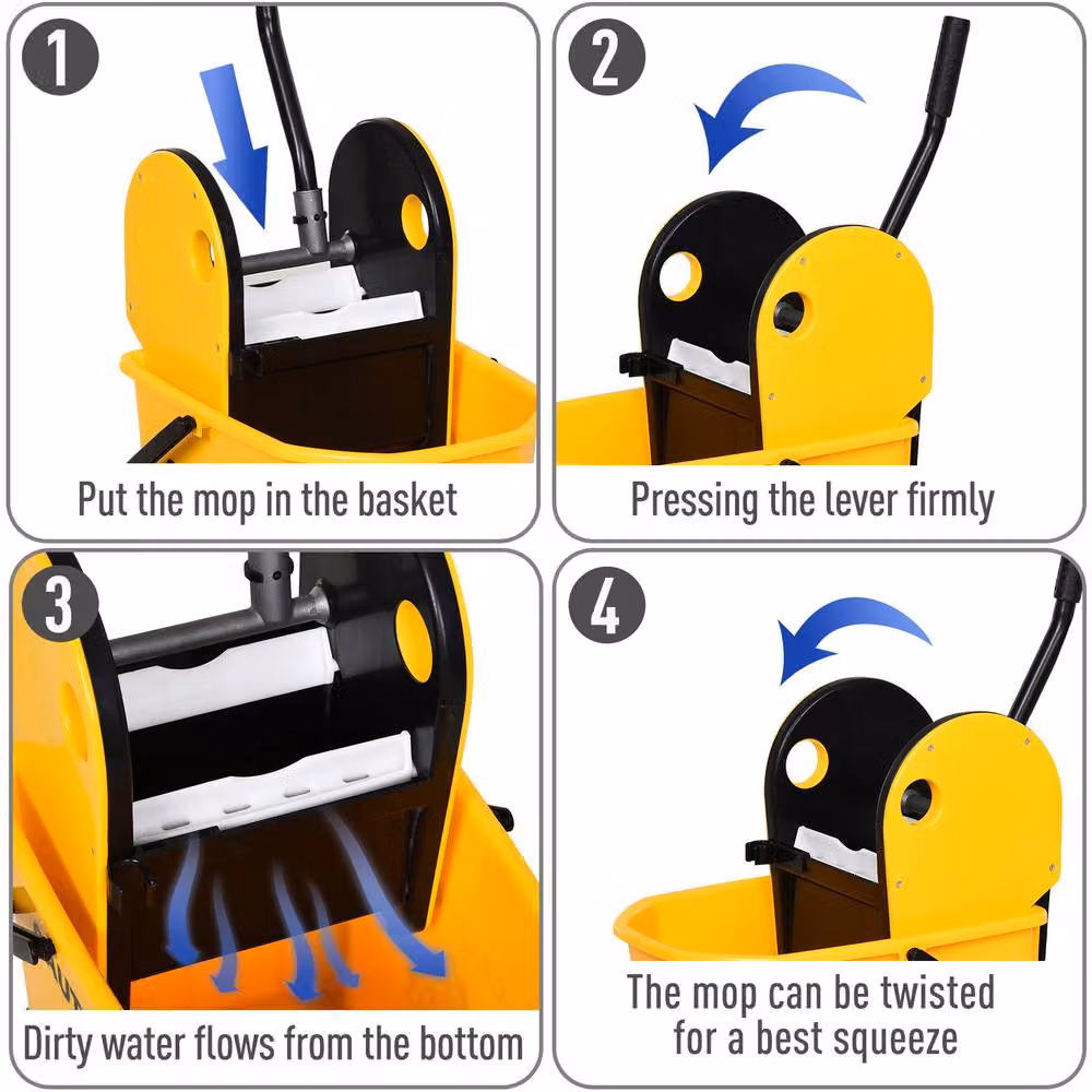 STILVORA Yellow Plastic Mop Bucket with Wringer, Wheels and Handle – 5