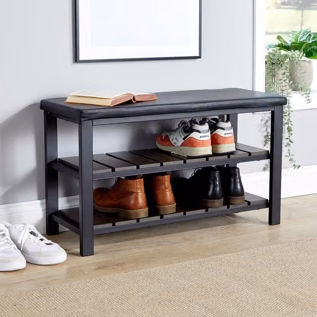 Home Source Spalding Black Metal and Wood Shoe Bench with Two Storage Shelves W/D/H: 81 x 32 x 46 cm