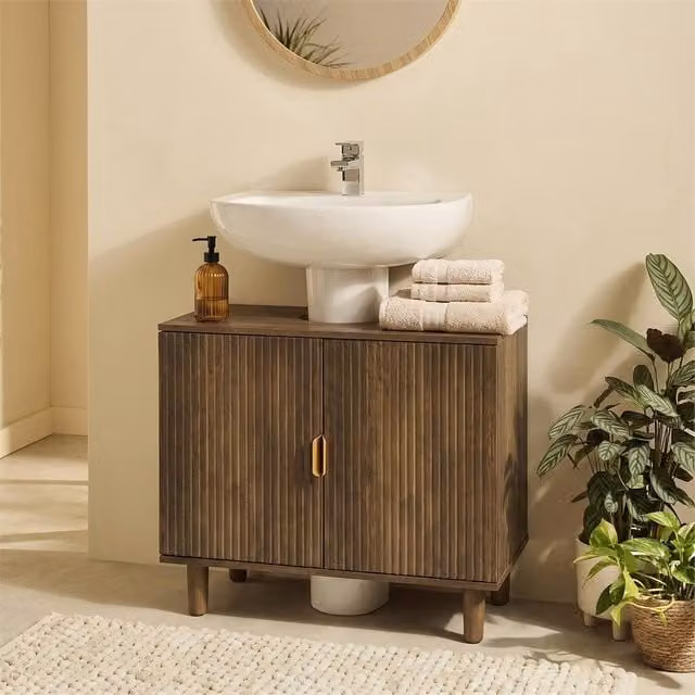 FORGEVIO Brown Ribbed Wood Under Sink Bathroom Cabinet