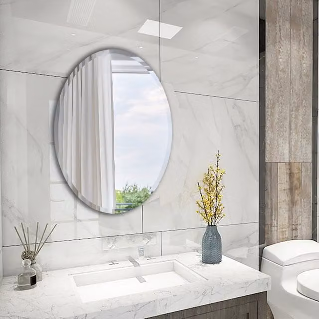 Livingandhome Modern Oval Frameless Wall Mounted Bathroom Mirror, White, W: 40 cm, H: 60 cm