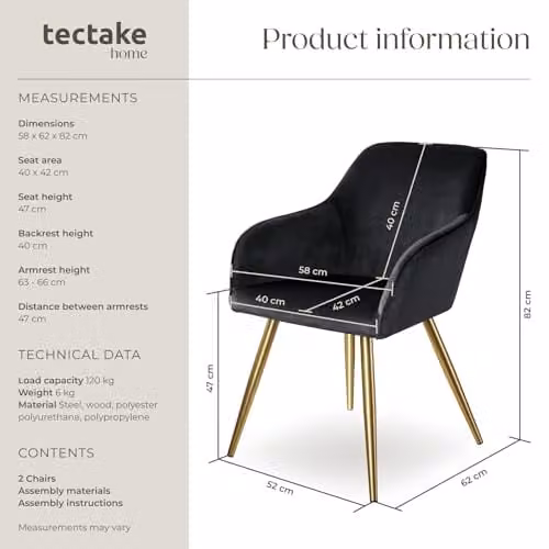 tectake Set of 2 Velvet Look Dining Chairs with Armrests and Gold Steel Legs, Black/Gold – 3