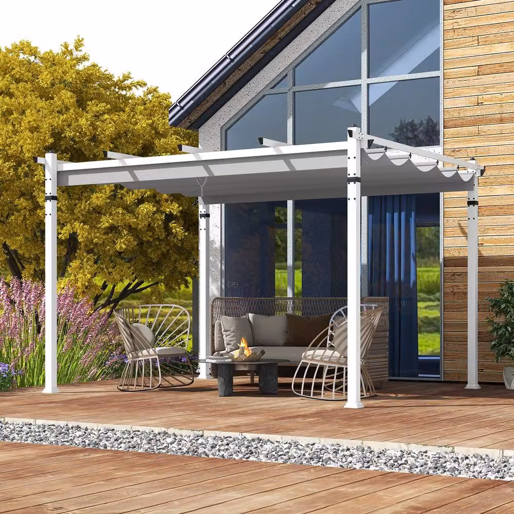 Costway Grey Outdoor Pergola with Retractable Polyester Canopy, W: 368 cm, D: 305 cm, H: 235 cm – 3