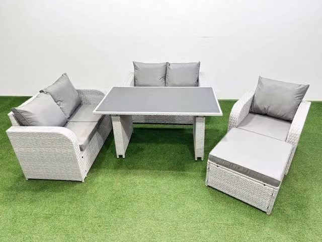 Fimous 6 Seater Outdoor Patio Furniture Set with Love Sofa and Big Stool in Light Grey