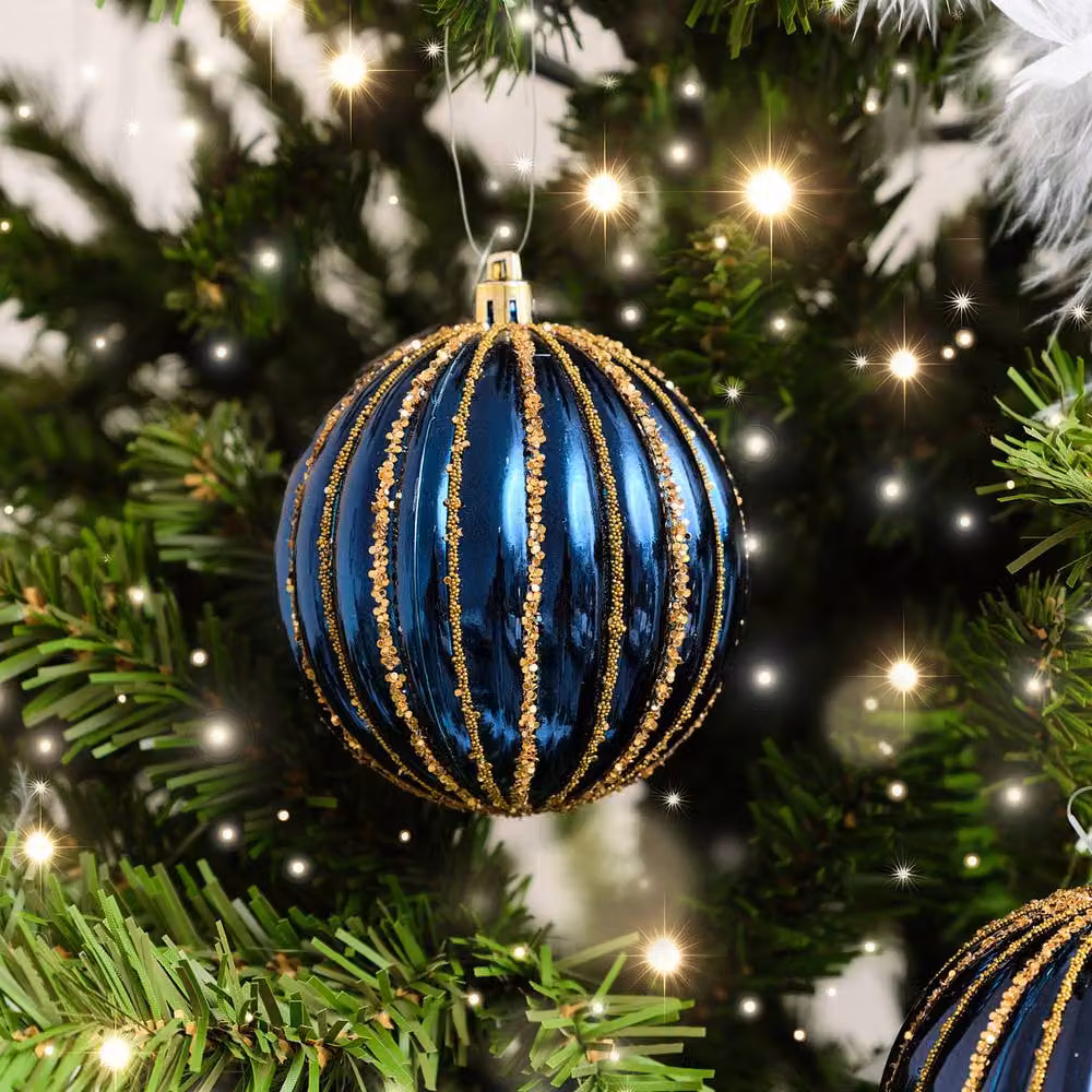 Melody Maison Set of 2 Blue and Gold Striped Glitter Hanging Christmas Baubles, Diameter: 8 cm – 4