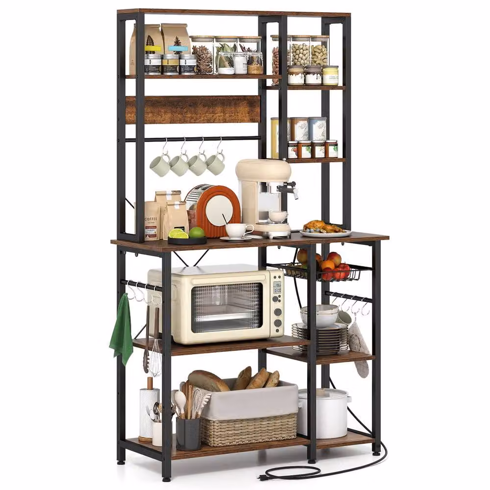 Gymax 9-Tier Metal Frame Bakers Rack and Microwave Stand with Power Outlet in Brown – 2