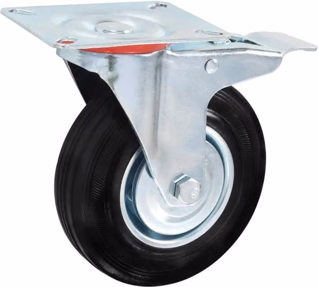 Garden Mile 4 Inch Black Rubber Swivel Castor Wheel with Brakes and Bolt Hole