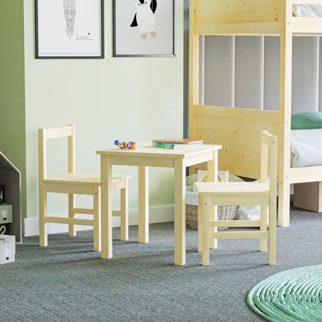 Vida Designs Pisces Kids Table and Chairs Set in Brown and Beige Pine Wood