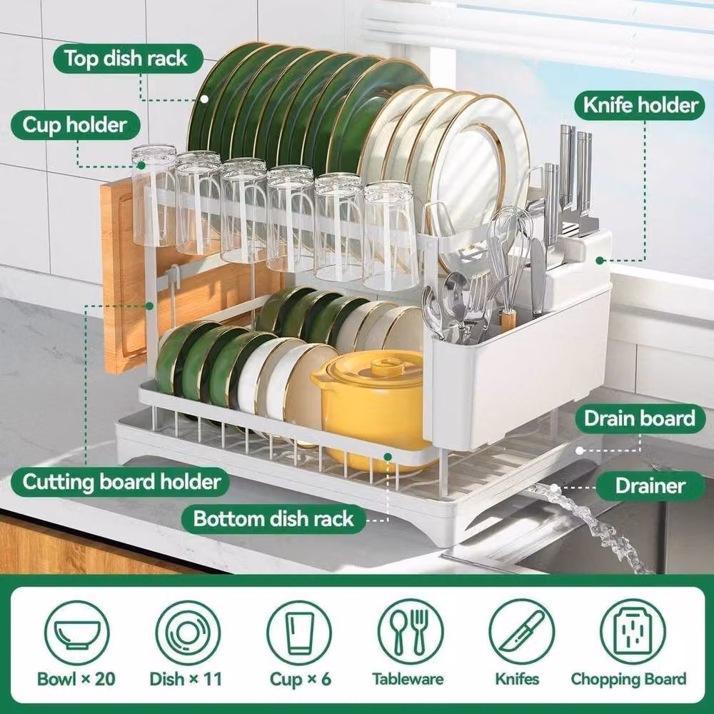 NESTLUNE White 2 Tier Metal Kitchen Sink Dish Drainer Rack, W: 100 cm, D: 15 cm, H: 30 cm – 4