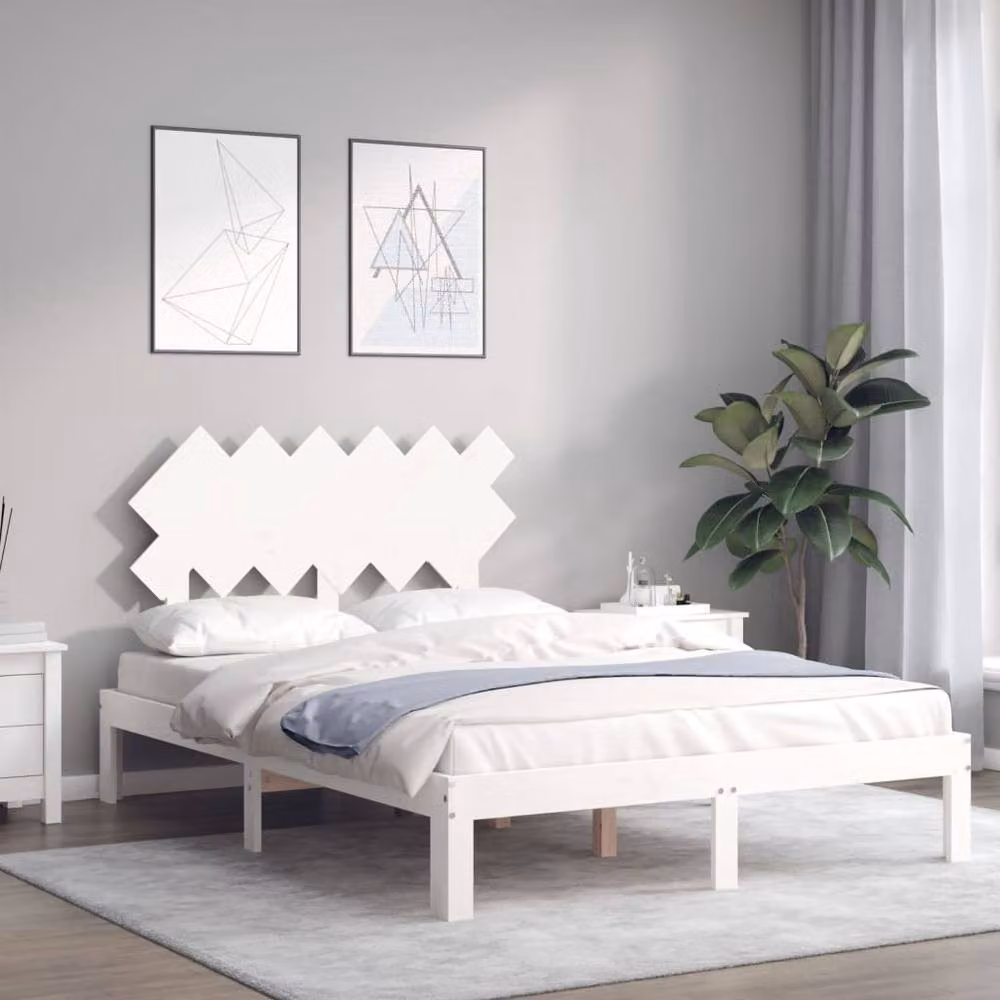 Berkfield Home White Solid Pine Bed Frame with Headboard W/D/H: 120 x 200 cm – 2