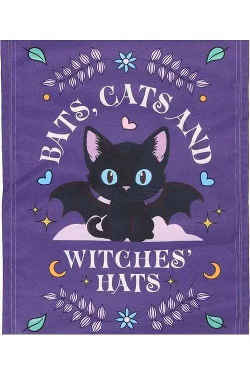 KDMD Halloween Fabric Wall Hanging with Bats, Cats and Witches Hats in Blue and Purple – 3