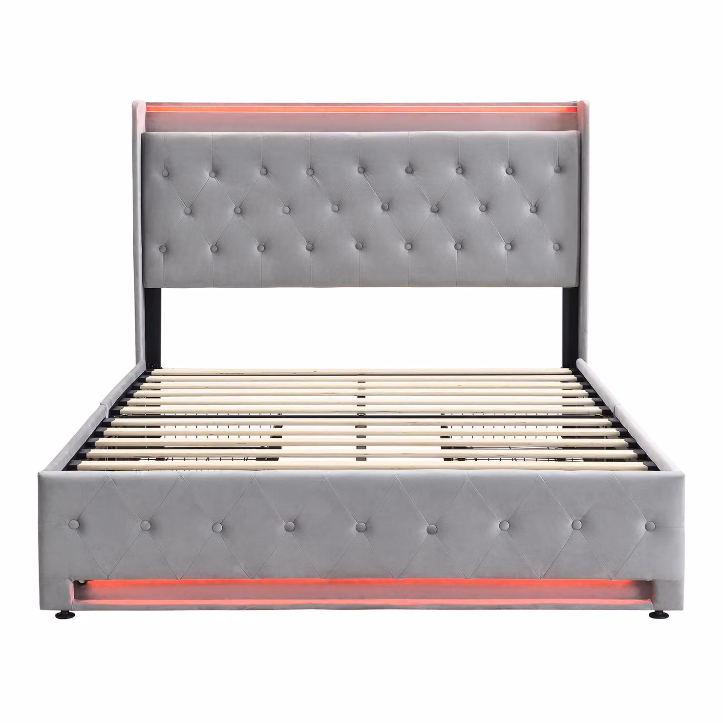 Aosom.UK Grey Velvet Upholstered Double Bed with 4 Storage Drawers and LED Light Strips, W/D/H: 143 x 206 x 115 cm – 2