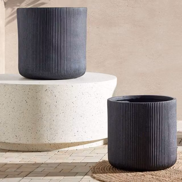 Wyld and Coco TerraGrove Ribbed Planter Pot, Grey, Diameter: 37 cm