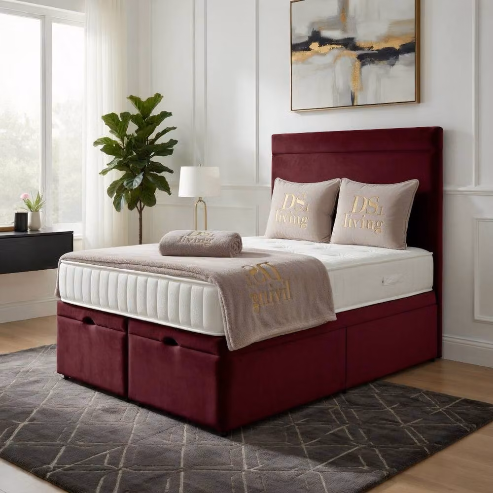DS Living Majesty Maroon Velvet Upholstered Ottoman Bed, W/D/H: 180 x 200 cm – 2