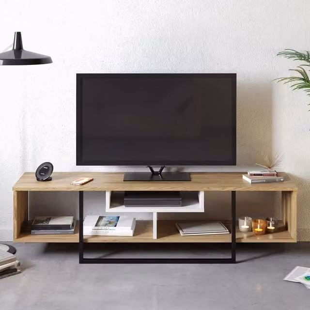 Decorotika Asal Minimalist TV Unit in White, Black and Brown Wood with Matt Finish, Width: 120 cm