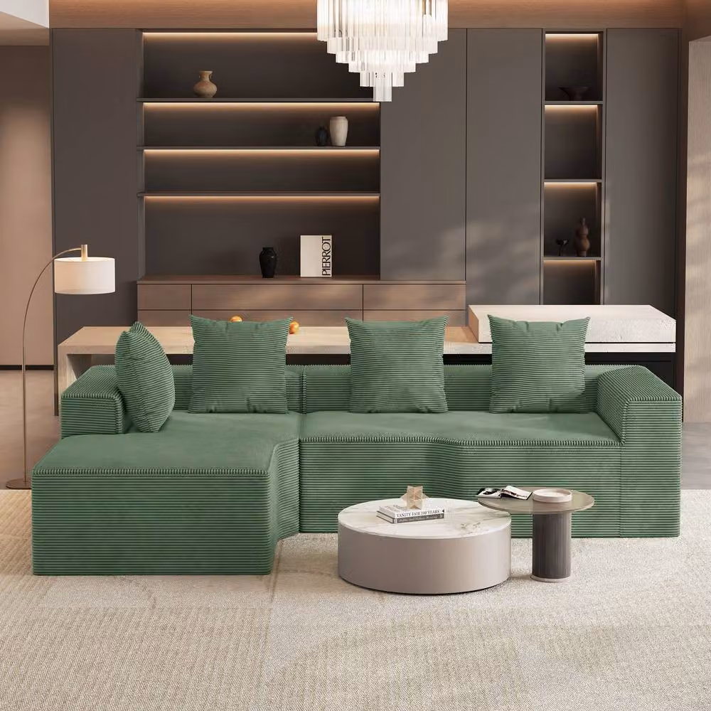 Dprodo Green Corduroy Left L-Shaped Modular Sofa with Scatter Cushions, Width: 320 cm – 2