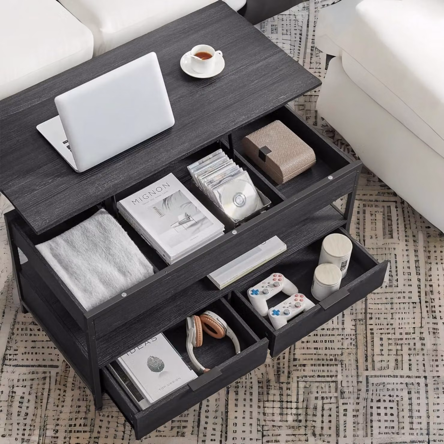 Pirlo Plush Industrial Lift Top Coffee Table with Drawers in Rustic Brown and Black – 2
