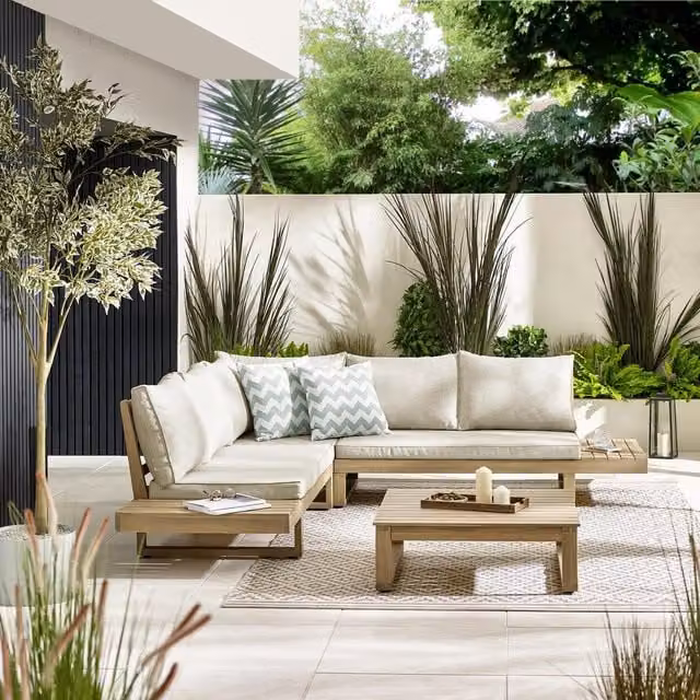 FurnitureboxUK Brisa L-Shape Outdoor Sofa Set with Coffee Table, 5 to 6 Seater, Treated Acacia Wood in Brown, Green or Beige