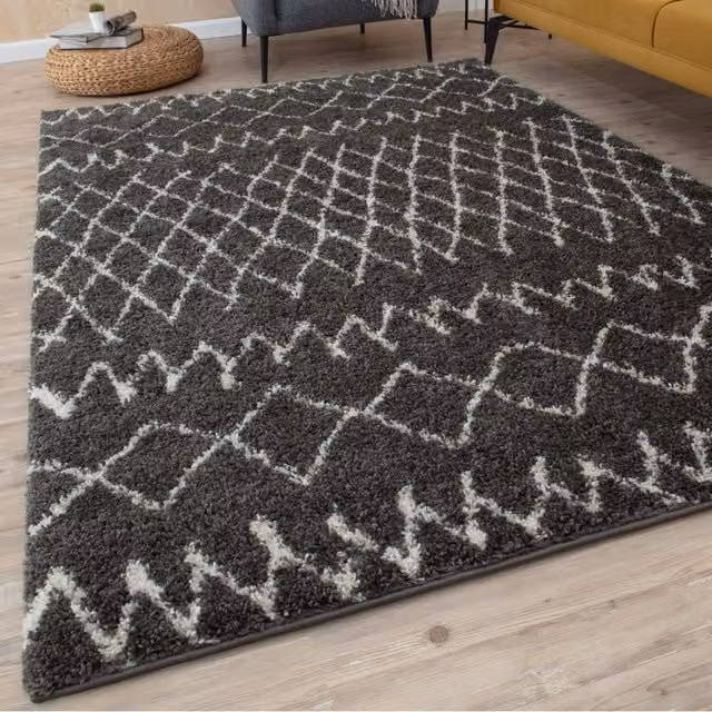 THE RUGS Soft Tangier Moroccan Shaggy Rug, Dark Grey and White, W: 180 cm, D: 270 cm