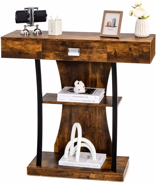 Costway T-Shaped Industrial Console Table and Narrow Sofa Side Table with Display Shelves in Brown