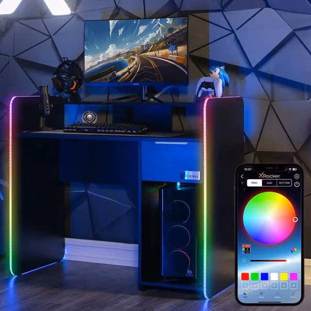 X Rocker Electra 110cm LED Gaming Desk with Wireless Charging and Drawer in Black – 1