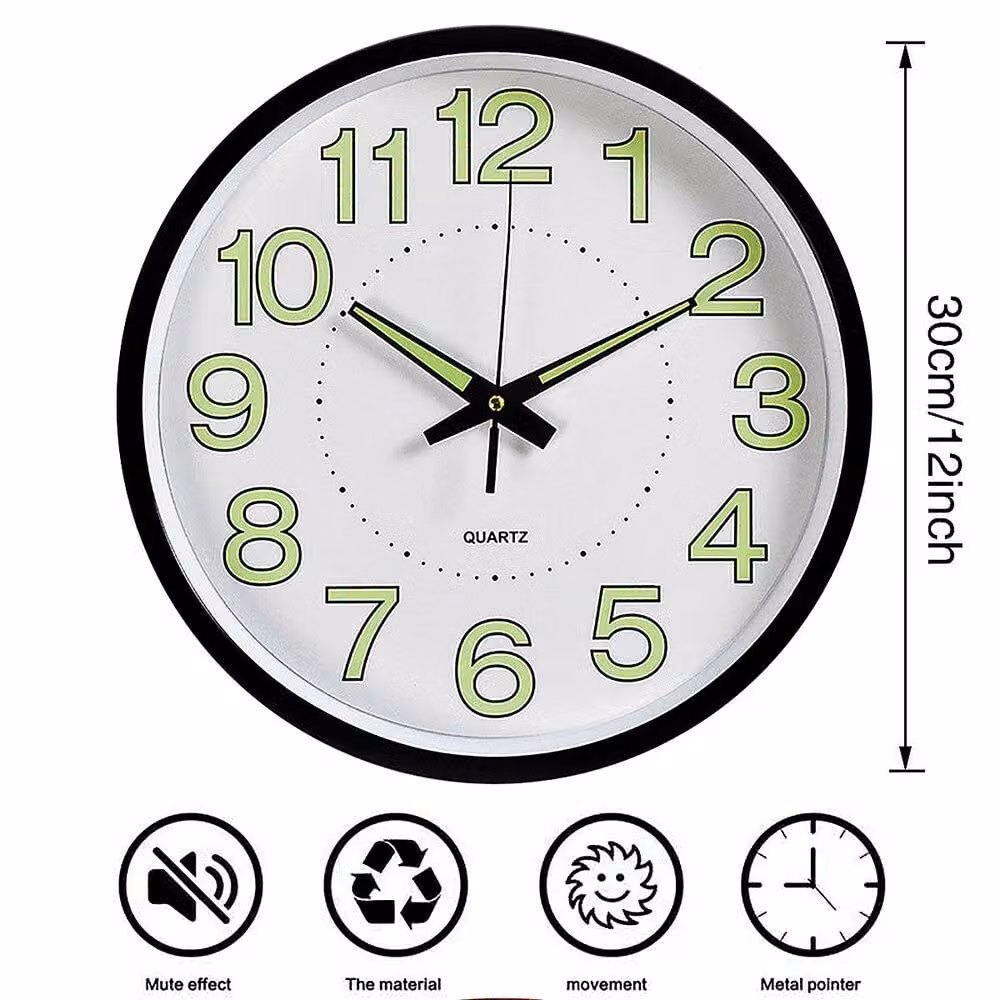 YnysTec Large Round Quartz Wall Clock in Black with Silent Luminous Glow, Diameter: 30.48 cm – 2