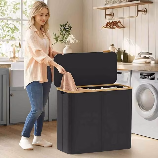 The Bazaarist 4 Compartment Laundry Hamper with Lid and Mesh Liners in Jet Black