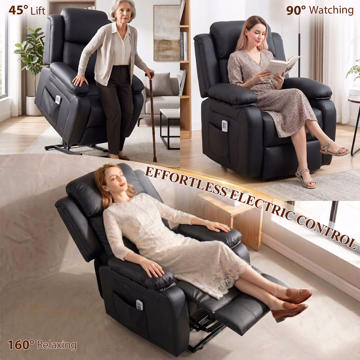 HOMCOM Black PU Leather Power Lift Riser and Recliner Chair with Vibration Massage for Seniors – 4