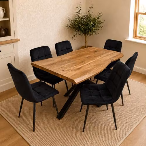 Kosy Koala 6 Seater Dining Table and Chair Set with X-Frame Live Edge Design, Rustic Brown Wooden Effect Rectangular Table and Black Velvet Chairs, W/D/H: 140 x 80 x 75 cm – 1