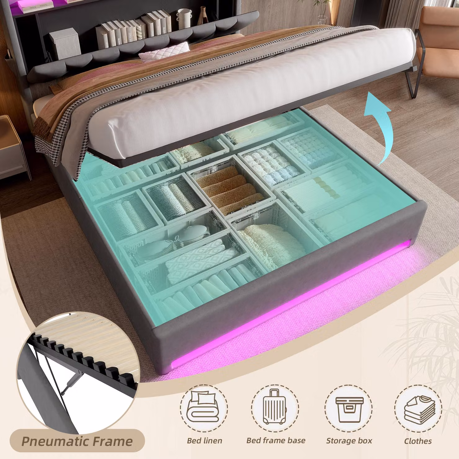 Aosom UK Hydraulic Storage Bed Frame with LED Lighting, USB Type-C Charging and Open Shelf, Grey Velvet Upholstered, W: 221 cm, D: 158 cm, H: 116.5 cm – 4