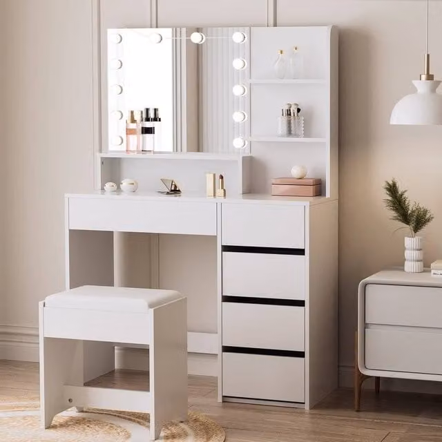 FORGEVIO Modern White Dressing Table with 5 Drawers and Hollywood LED Mirror Set