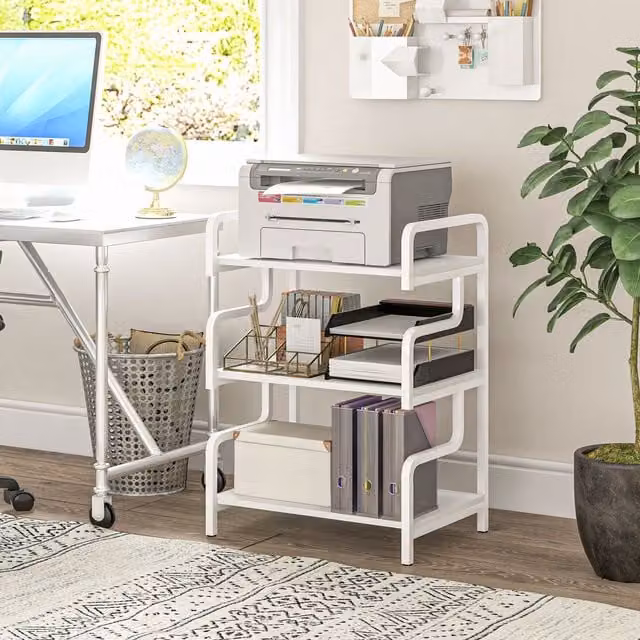 HOMCOM 3-Tier Industrial Metal Printer Stand and Storage Shelving Unit, White, W/D/H: 55 x 40 x 77 cm – 1