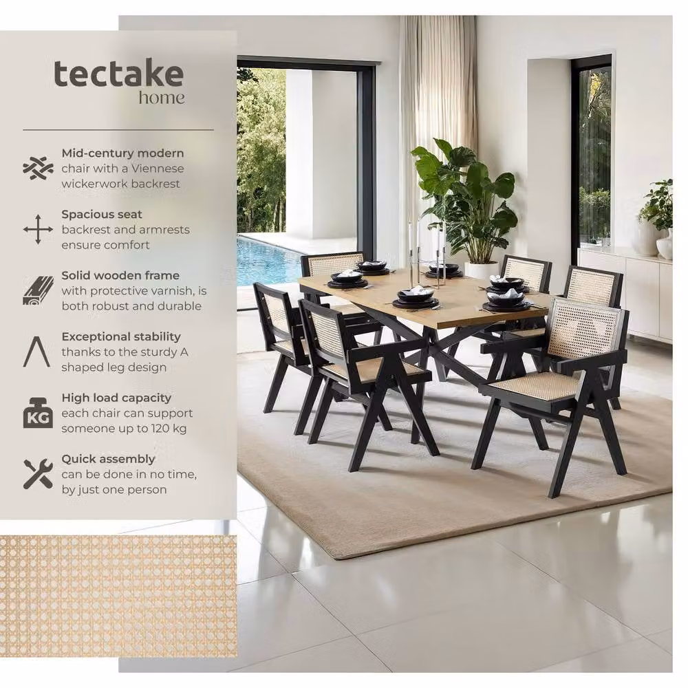 tectake Lizzy Set of 6 Mid-Century Dining Chairs with Armrests in Black Rattan-Style Synthetic Leather and Wood – 2