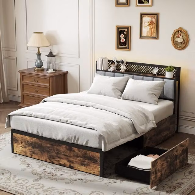 Costway Double Bed Platform Bed with LED Lights, USB Charging Ports and Drawers in Brown, W/D/H: 140 x 200 cm