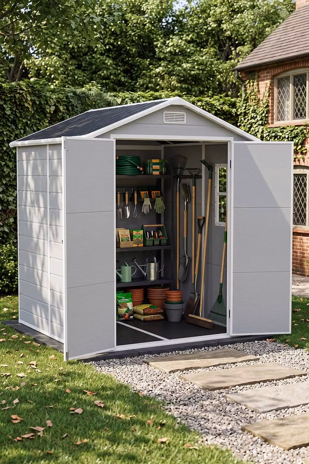 Living and Home Grey Plastic Outdoor Garden Storage Shed with Gable Roof, W/D/H: 182.88 x 182.0 x 219.0 cm – 2