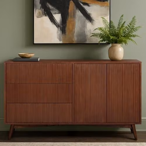 Teamson Home Tremolo Wooden Sideboard with 3 Drawers and 2 Push-Open Doors, Acacia Veneer Finish, Walnut Brown, W: 140 cm, H: 81.28 cm, D: 45.72 cm – 2