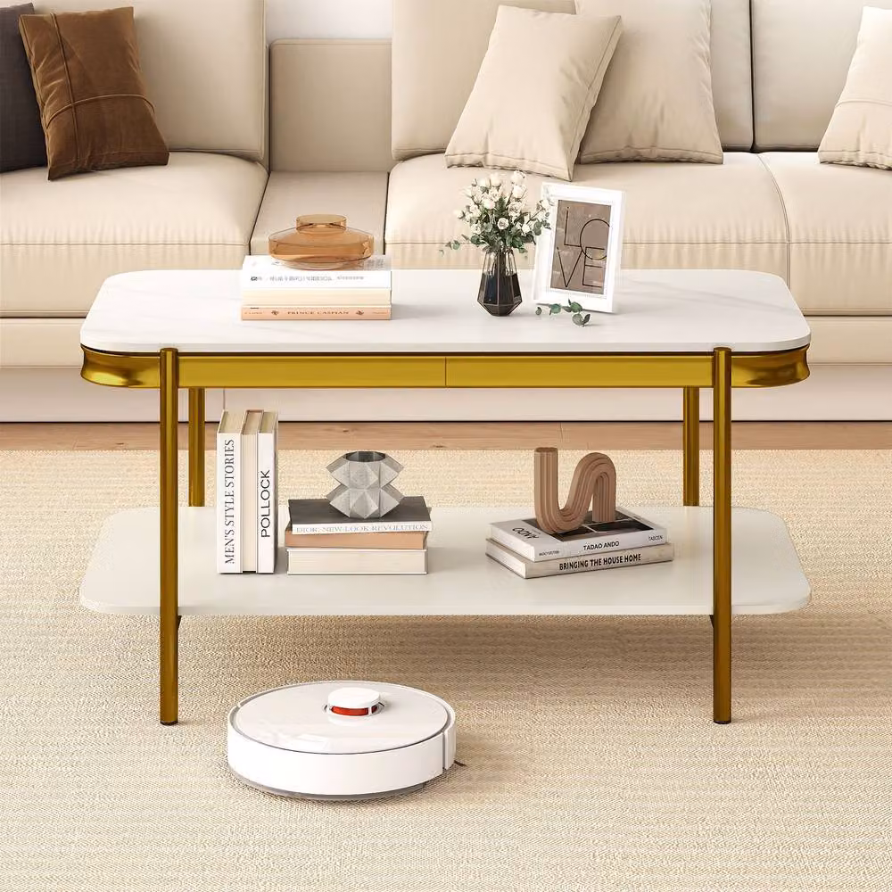 Gymax Modern Rectangular 2-Tier Coffee Table with White Glossy Ceramic Top – 3
