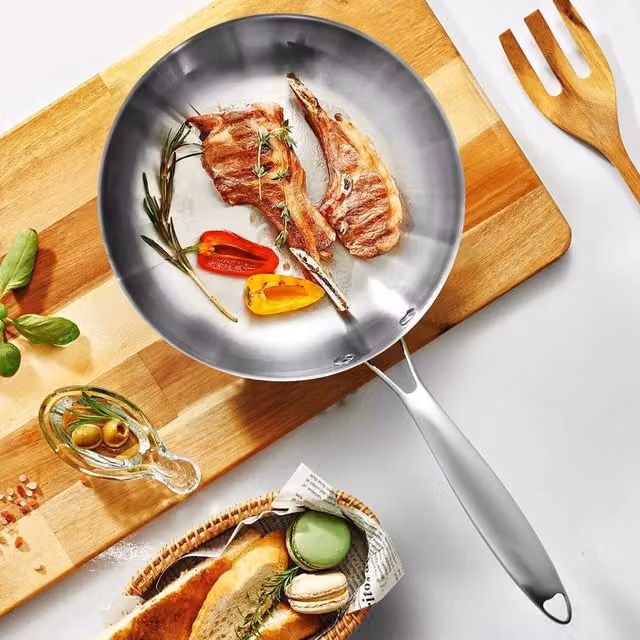 Hinsinc Stainless Steel Uncoated Frying Pan with Removable Handle, Silver, Diameter: 28 cm