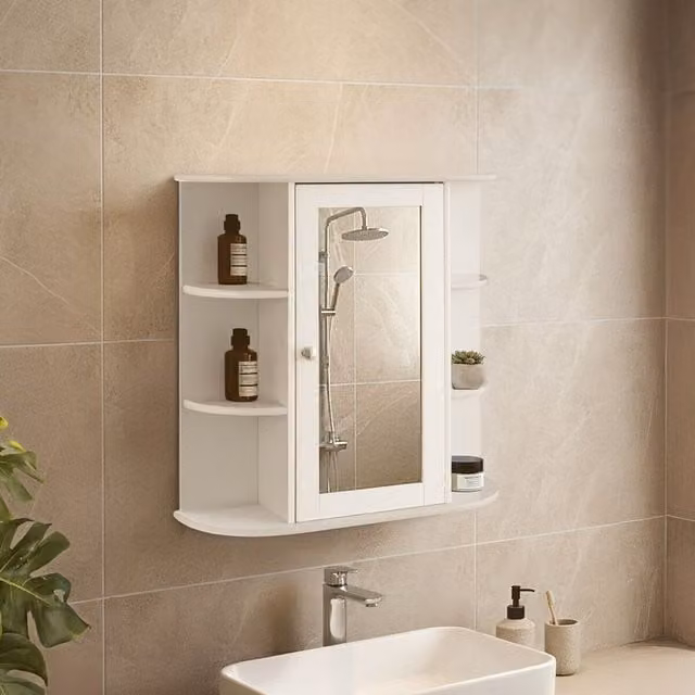 Orsina Contemporary White Wall Mounted Bathroom Cabinet with Seven Shelves and Mirrored Doors W/D/H: 60 x 17 x 58 cm