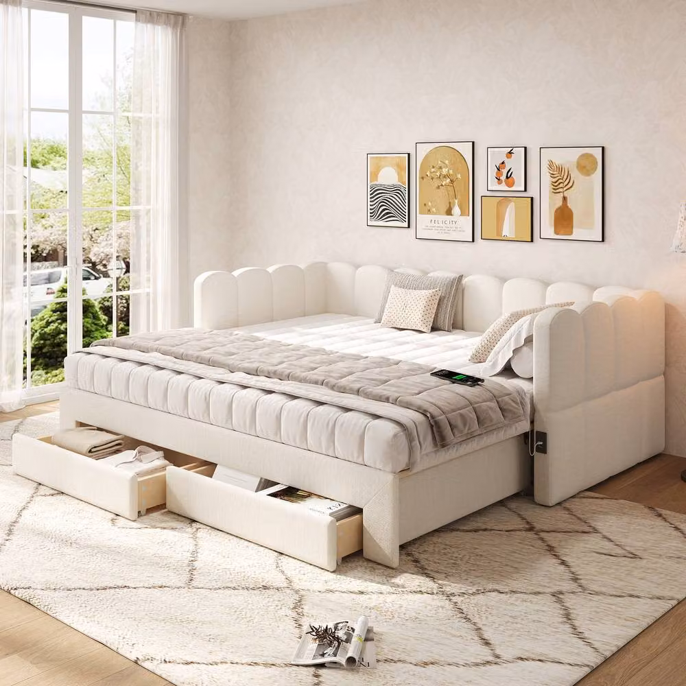 Merax Beige Linen Extendable Daybed with 2 Storage Drawers and USB Ports, W/D/H: 90 x 190 x 48 cm – 2