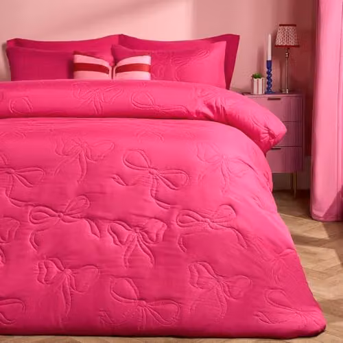 OHS Pink Bow Microfibre Quilted Duvet Cover and Pillowcase Set, Double W/D/H: 200 x 200 cm and 50 x 70 cm