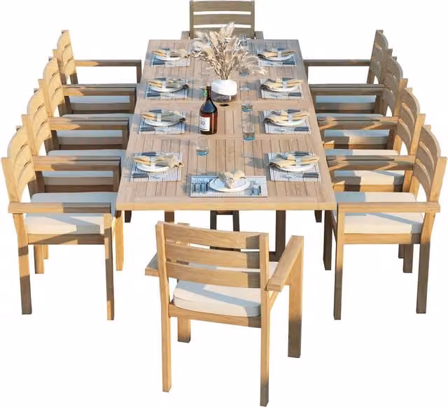 Mylor Eterna Teak Garden Dining Table and 10 Chair Set with Cream Cushions