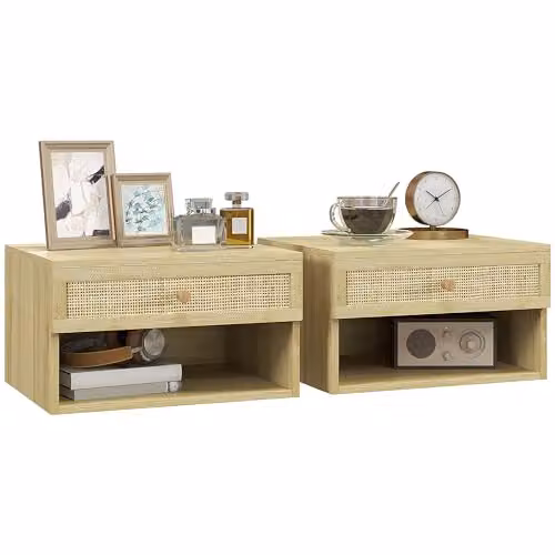 HOMCOM Set of 2 Floating Bedside Tables with Rattan Drawer and Open Shelf in Yellow and Brown – 1
