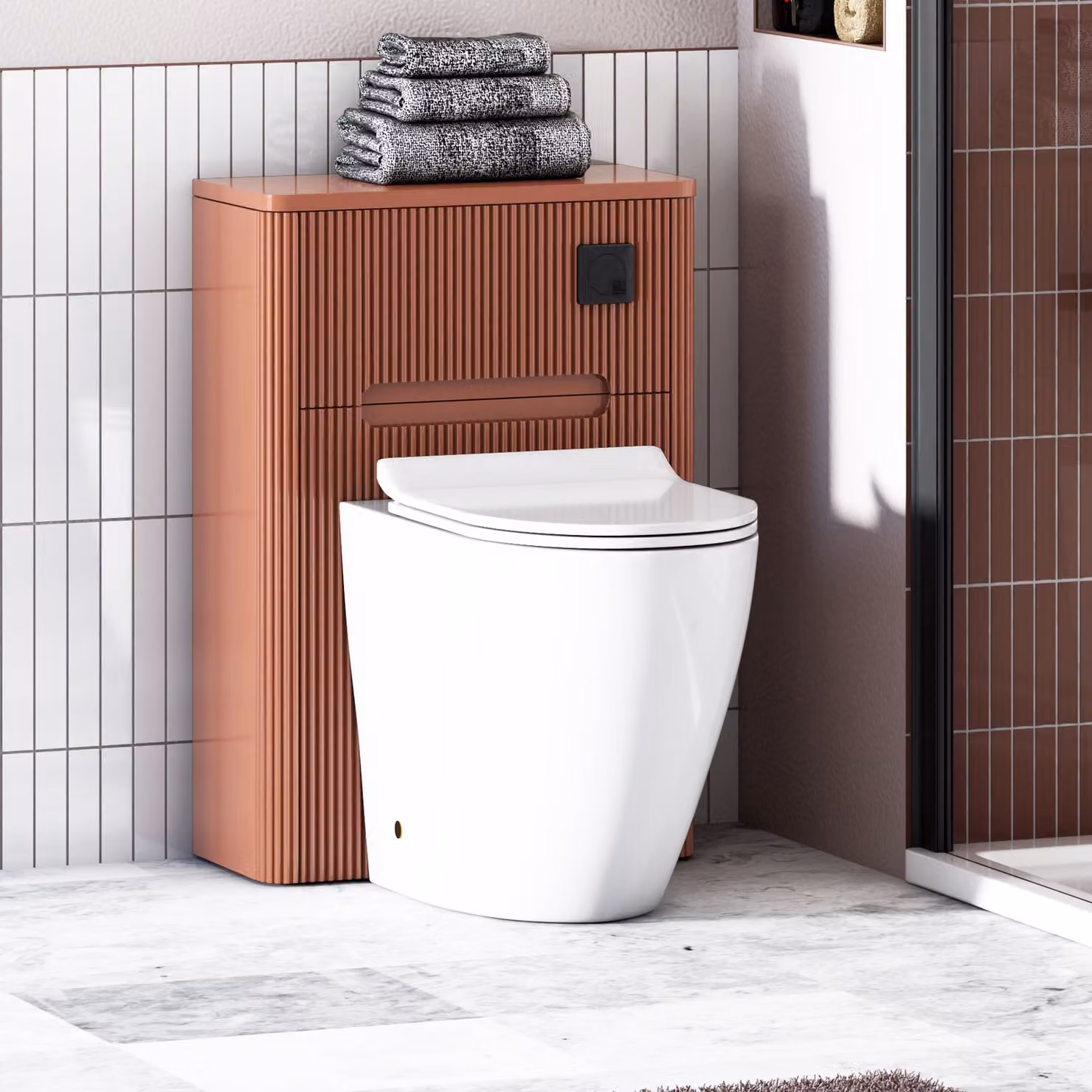 Avenza Terracotta Clay BTW WC Unit with Elva Rimless Short Projection Toilet Pan, Slim Seat and Cistern, Width: 55 cm